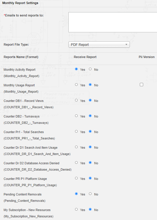 Knovel Monthly Report Settings